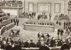 Session den 26 juli av den italienska senaten, Rom, Italien, gravyr från en teckning av Dante Paolocci, L
