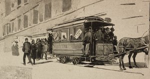 Spårvagn riktad till Peter i samband med Leo XIII:s biskopsjubileum, Rom, Italien, gravyr efter teckning av Dante Paolocci, från L