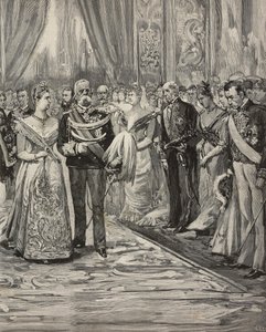 Umberto I och Margherita av Savojen vid konsert med anledning av deras silverbröllop, Palazzo del Quirinale, Rom, Italien, gravyr efter teckning av Dante Paolocci, från L