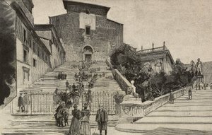 Vy över basilikan Santa Maria i Aracoeli, Rom, Italien, gravyr efter teckning av Dante Paolocci, från L