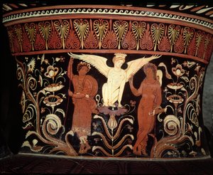 Apuliansk volutkrater med röd figur, detalj på halsen föreställande Oidipus och sfinxens keramik se även 153772 av Darius Painter