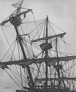 Ghostly Galleon, 2017 (blyerts, bläck på papper) av Darrell Windjack