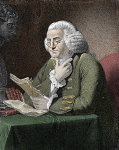 Porträtt av Benjamin Franklin (1706-1790), amerikansk filosof, fysiker och ambassadör. Gravyr efter målning av David Martin. av David (after) Martin