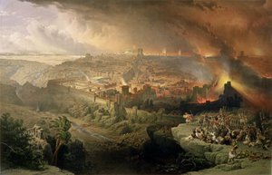 Förstörelsen av Jerusalem år 70 e.Kr., graverad av Louis Haghe (1806-85) (litho)