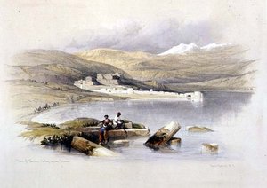 Staden Tiberias med utsikt mot Libanon, skylt 35 från volym I av "Det heliga landet", graverad av puben Louis Haghe (1806-85). 1842 (lito) av David (after) Roberts