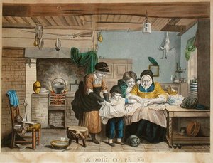 The Cut Finger, graverad av Joly, ca 1830-40 (färgad gravyr) av David (after) Wilkie