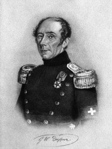 Porträtt av Guillaume-Henri Dufour (1787-1875), schweizisk general, ingenjör, topograf och medgrundare av Internationella Röda Korset, gravyr efter teckning av Karl Friedrich Irminger (1813-1863)