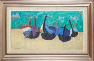 Båtar vid Nazare (olja ombord) av David Alan Redpath Michie