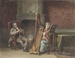 Interiör med en flicka som spelar harpa och en herre i en stol som tittar på