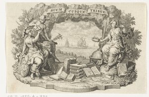 Vinjett med Merkurius, Minerva och Rättvisa av David Coster
