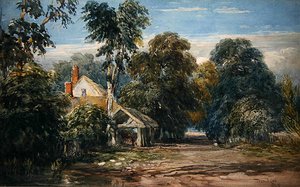 En stuga och byre vid kanten av en skog av David Cox