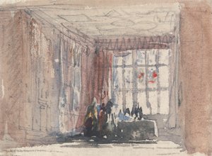 Ett Tudorrum med figurer, möjligen Hardwick Hall eller Haddon Hall av David Cox