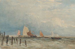 Holländska fiskebåtar utanför kusten, med Grote Kerk, Dordrecht i fjärran av David Cox