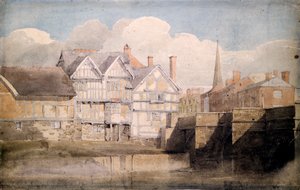 Gamla hus och Wye Bridge, Hereford, 1820 av David Cox