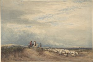 Ryttare med får nära en flodmynning av David Cox