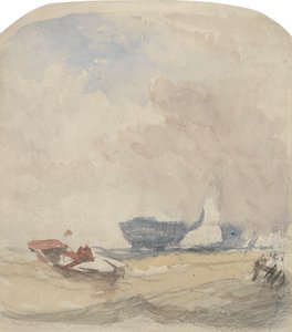 Sjöstudie med Hulk, segelbåt och roddbåt av David Cox