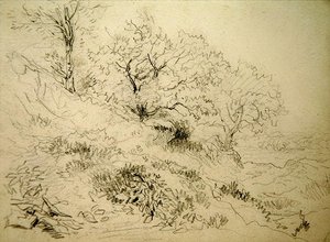 Walesiskt landskap (krita på papper) av David Cox