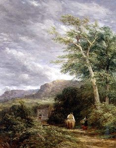 Walesiskt landskap med vattenkvarn (olja på duk) av David Cox