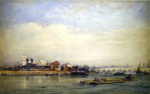 Westminster och Themsen från Battersea Shore (akvarell på papper) av David Cox