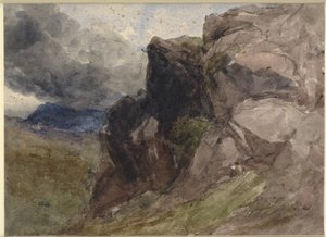 Stenigt landskap i Wales med figurteckning i förgrunden till höger av David Cox d.Æ.
