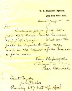 Letter from David D. Porter, U. S. S. Black Hawk, Cairo, Illinois, to Seth Ledyard Phelps, August 25, 1863 av David D. Porter