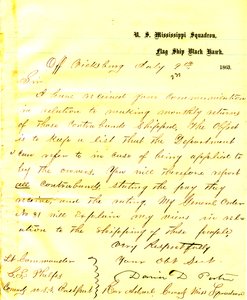 Letter from David D. Porter, U. S. S. Black Hawk, off Vicksburg, to Seth Ledyard Phelps, commanding the U. S. S. Eastport, July 9, 1863 av David D. Porter
