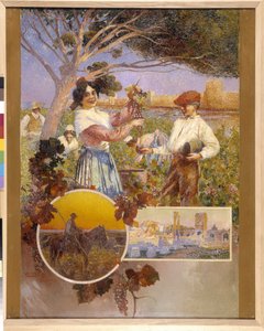 Aigues Mortes (Aigues-Mortes), Arles, Camargue: en ung kvinna visar ett vackert druvklase som hon just har plockat från en vingård. David Dellepiane (1866-1932), pointillism. Obligatoriskt omnämnande: Collection fondation regards de Provence, Marseille (cm