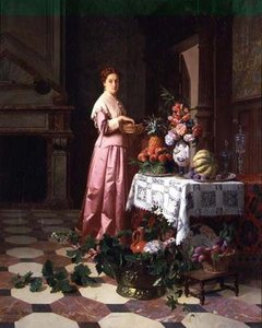 Dam med frukt och blommor på ett bord av David Emil Joseph de and Knarren P. Noter