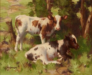 Kalvar i ett sommarlandskap (olja på duk) av David Gauld
