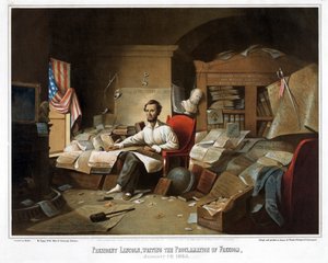 President Lincoln skrev frihetsförklaringen den 1 januari 1863, publicerad i en tidning. 1864