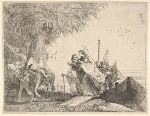 Maria, hjälpt av Josef och en ängel, kliver från en båt till stranden, en ängel stannar ..., 1753. av David Giovanni
