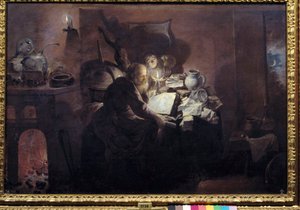 Alkemisten i sin studio. Målning av David Ryckaert III (Rijckaert) (1612 - 1661) Ec. Flam.
