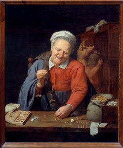 Guldvågen. En gammal kvinna med en liten våg väger guldbitarna medan en man med galthuvud längst ner förvarar påsar i garderoben. Målning av David III Ryckaert (1612-1661) Ec. Flam.