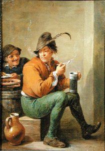 En bonde som håller i en stengodskanna och ett lerrör (olja på panel) av David III Teniers
