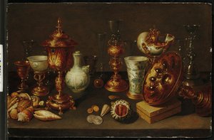 Stilleben med snäckor, med nautilus, vaser, glas och korallgrenar av David II Ryckaert