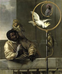 Svart man med papegojor och apor, 1670