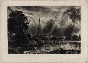 Salisbury Cathedral, ca 1832 (mezzotint med vit krita på lagt papper) av David Lucas