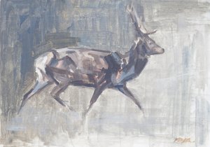 Red Deer Stag Running, 2023 (olja på duk) av David Mayer