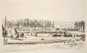 A Railhead, illustration från "The Western Front", utgiven av Country Life Ltd av David Muirhead Bone