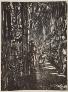 Ett pannrum på ett slagskepp, illustration från "The Western Front", utgiven av Country Life Ltd av David Muirhead Bone