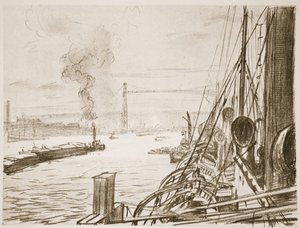 Ett sjukhusfartyg vid en bas, illustration från "The Western Front", utgiven av Country Life Ltd av David Muirhead Bone