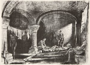 An Underground Billet, illustration från "The Western Front", utgiven av Country Life Ltd av David Muirhead Bone
