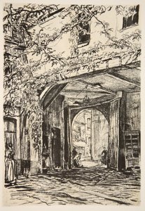 En armémötesplats i Frankrike, illustration från "The Western Front", utgiven av Country Life Ltd av David Muirhead Bone