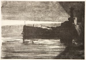 Närmar sig ett slagskepp på natten, illustration från "The Western Front", utgiven av Country Life Ltd av David Muirhead Bone