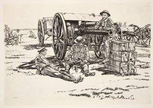 Middagstid: Män från RFA, illustration från "The Western Front", utgiven av Country Life Ltd av David Muirhead Bone