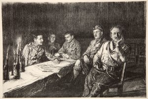Gordon Highlander officersmäss, illustration från "The Western Front", utgiven av Country Life Ltd av David Muirhead Bone