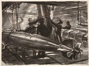 I den nedsänkta torpedplattan på ett slagskepp, illustration från "The Western Front", utgiven av Country Life Ltd av David Muirhead Bone