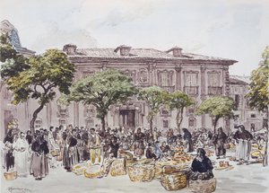 Marknad utanför ett palats, Oviedo av David Muirhead Bone