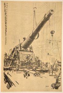 Montering av en stor kanon, illustration från "The Western Front", utgiven av Country Life Ltd av David Muirhead Bone