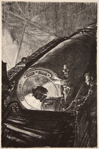 Nattarbete på bakstycket av en stor kanon, illustration från "The Western Front", utgiven av Country Life Ltd av David Muirhead Bone